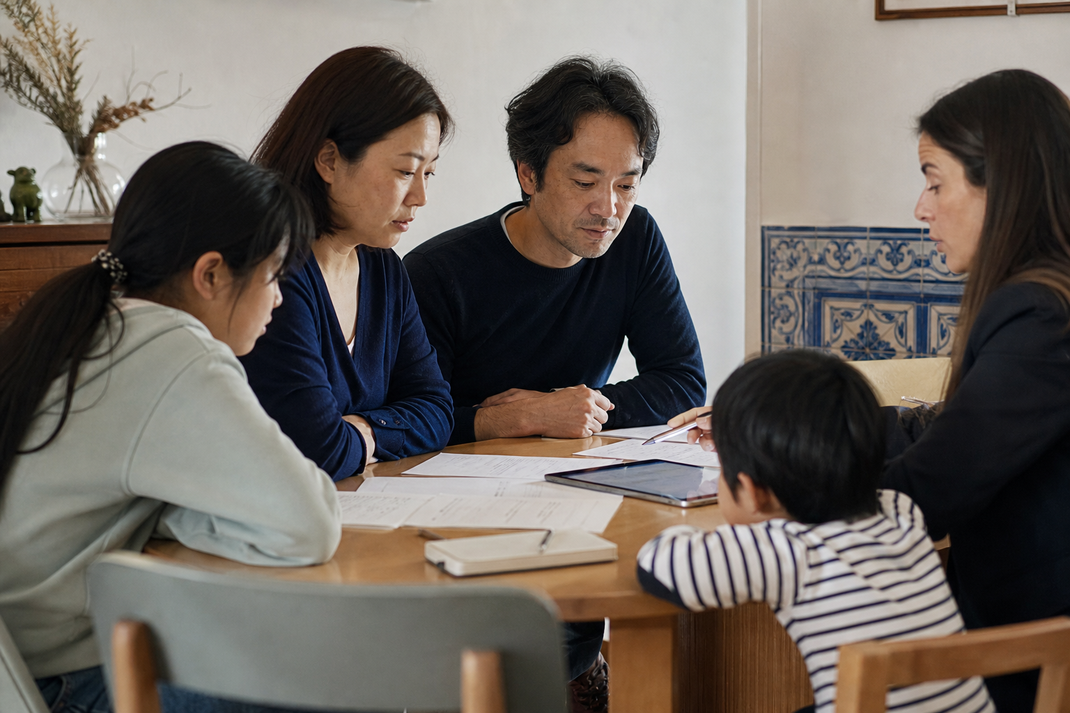 ポルトガル移住の費用計画を専門家と確認する日本人家族