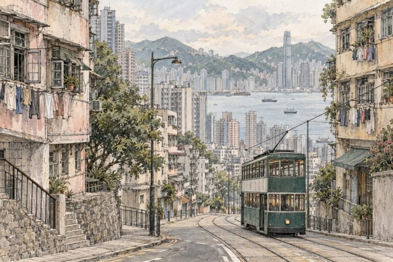 香港の街角と路面電車